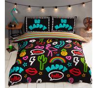 Rapport Parure de lit Funky réversible à Rayures en Polycoton - Noir - Néon - 1 Place