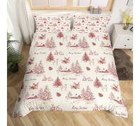 Housse de Couette Noël 220x240 avec 2 Taies d'Oreiller - Literie Set Vintage Hiver pour Enfants et Adultes - Sapin et Caribou Imprimé - Réversible Crème Rouge - Couvre Lit