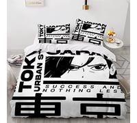 Housse de Couette Noir et Blanc BD Tokyo Parure de lit Enfant 1 Personne Housse de Couette 140x200 avec Fermeture Éclair 3D Impression Microfibre Bedding avec 2 taies d'oreiller 50x75