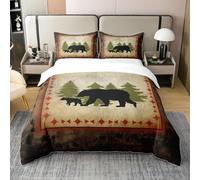 Housse de Couette Ours en Coton, Parure de Lit 200x200 Ours Rustique de Ferme, Ensemble de Literie Ours Sauvage, Décoration d'un Chalet Ou d'une Cabane, Couvre Lit Marron Vert, 3 Pièces