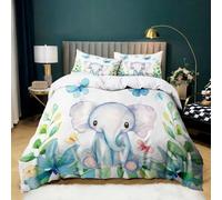 Housse de Couette Papillon Éléphant Dessin Animé 90x190 cm Parure de Lit 3 Pièces en Microfibre Hypoallergénique La Peinture L'Aquarelle avec 2 Taies d'oreiller pour 1 Personnes Chambre Décor
