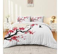 Housse de Couette Parure de lit Fleurs de Prunier Rouge, pies, Cuisine Chinoise Ensemble 3 pièces Duvet Cover Set 200 x 200 cm Literie Confortable Doux & Respirant Fermeture Éclair Noir