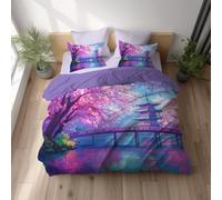 Housse de Couette, Parure de Lit, Microfibre Ultra Douce, Doux Pour la Peau Respirant, Réversible avec Fermeture Éclair Invisible 2 Personnes 200 x 200 cm Rose Animation Fleur De Cerisier Pont