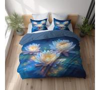 Housse de Couette, Parure de Lit, Microfibre Ultra Douce, Doux Pour la Peau Respirant, Réversible avec Fermeture Éclair Invisible King Size 260 x 240 cm Bleu Peinture À L’Huile Flottant Lotus