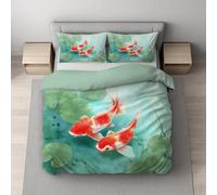 Housse de Couette, Parure de Lit, Microfibre Ultra Douce, Doux Pour la Peau Respirant, Réversible avec Fermeture Éclair Invisible King Size 260 x 240 cm Vert Peinture À L’Encre Koi Feuille De Lotus