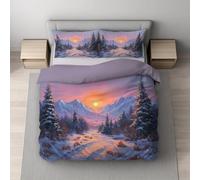 Housse de Couette, Parure de Lit, Microfibre Ultra Douce, Doux Pour la Peau Respirant, Réversible avec Fermeture Éclair Invisible 1 Personne 140 x 200 cm Violet Paysage Neige Coucher De Soleil