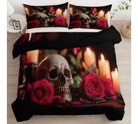 Housse de Couette Parure de Lit Réversible Bougie Moderne Crâne Rose 140 x 200 cm, 100% Couette en Microfibre Douce 3 Pièces - 2 Taies d'Oreiller, Couette 4 Saisons pour Lit 2 Personnes Noir