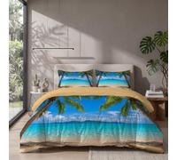 Housse de Couette Paysage D'Île Tropicale 220x240cm avec 2 Taies d'oreiller 65x65 cm | Plage De Coconut Tree Parure de lit Réversible - Microfibre Parure Couette avec Fermetures éclair, Lac Bleu