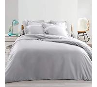 Housse de Couette Percale à Plis Religieux - 240 x 260 cm + 2 Taies d'oreiller à Volant Plat 63 X 63 cm - Astoria (Gris - Blanc)