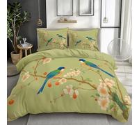 Housse De Couette Plantes Fleurs De Cerisier Oiseaux, Jaune Vert 3 Pièces Parure De Lit en Microfibre, Parure De Couette avec Fermeture Éclair Et 2 Taies pour Chambre ou Hôtel de Luxe, 240 x 260 cm