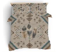 Housse de Couette Plume Géométrique avec 2 Taies d’Oreiller, Boho Tribal Parure de Lit en Microfibre Respirante avec Fermeture Éclair, Ensemble 3 Pièces 240x220, Toutes Saisons f8Y2