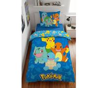 Parure de lit Pokémon 135 x 200 cm + 80 x 80 cm - Pokémon Pikachu, Glumanda, Schiggy & Bisasam - Parure de lit pour enfant - 2 pièces - Housse de couette + taie d'oreiller - Taille allemande -
