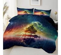 Housse de Couette, RêVe Ciel éToilé îLe Motifs Parure de Lit Adulte 2 Personnes en Microfibre - Bleu Marine Imprimée Parure d avec Fermeture Éclair Douce légère et Facile d'entretien