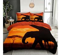 Housse de Couette Réversible 200x200 Safari Afrique Girafe éléphant 3D | Parure de Lit 2 Personnes, 2 Taies 65x65 cm, Microfibre douce, Silhouette coucher de soleil, Fermeture Éclair et Lavable