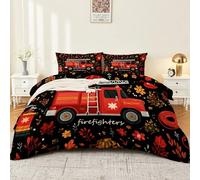 Housse de Couette Réversible 220 x 240 cm Parure de Lit Multicolore Dessin Animé Floral Camion De Pompiers Microfibre Douce avec 2 Taies d'oreiller 65x65 cm Liens de Fixation et Zip