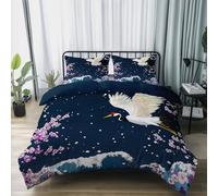 Housse de Couette Réversible 240 x 220 cm avec 2 Taie d'oreiller 65 x 65 cm, Microfibre Parure de Lit Oriental Dessin Animé Style Japonais Ukiyo-E Thème, Chambres Filles et Garçons Décor, Bleu Foncé