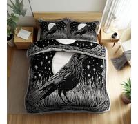 Housse de Couette Réversible 240 x 260 cm Style Médiéval Lune Ciel Étoilé, Ensemble de Literie Polycoton, Animal Corbeau Housse de Couette 2 Personnes, Parure de lit Doux Douceur Sans Repassage