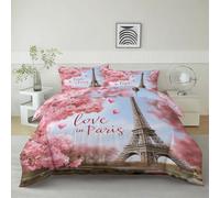 Housse de Couette Réversible en Microfibre, Parure de Lit Imprimé Romantique tour Eiffel cerisiers Modèle, 200 x 220 cm avec Fermeture Éclair et 2 Taies d’Oreiller 65x65 cm, Décoration Chambre Enfant