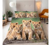Housse de Couette Reversible Microfibre 200x200 cm Petit Lion Animaux des Prairies,Parure de Lit 3 Pièces Ensembles en Microfibre 2 Taies d'oreiller 50x75 cm avec Fermeture Éclair