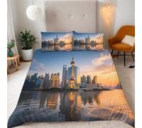 Housse de Couette Reversible Microfibre 240x260 cm Perle De L'Orient Paysage Urbain Set Literie 3 Pièces avec 2 Taies d'oreiller (50x75cm) - Douce et Confutable,Fermeture Zip, Facile d'entretien