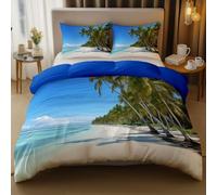 Housse De Couette Réversible Rural Côtier Plage Palmiers Motif, Microfibres D'été Parure De Lit pour Chambre 260 x 240 cm avec 2 Taie d'oreiller pour Adolescents Adultes, Bleu Klein