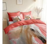 Housse de Couette Rose Corail 220 x 240 cm - Motif Style Photographique Portraits De Chevaux Parure de Linge de Lit avec Fermeture Éclair et 1 x Taies d'oreiller, Parure de Lit Idéale pour Les Saisons