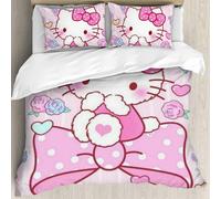 Housse De Couette Rose Hello Cat Kitty, Housse De Couette Vintage Queen Avec Fermeture Éclair, Motif N?ud Papillon, 1 Housse De Couette Queen Size Et 2 Taies D'oreiller, Respirante