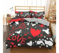 Housse de Couette Rouge Love,Parure de Lit 240x220 avec Taies D'Oreiller et Motif Cœur Abstrait,Housse de Couette en Microfibre Douce Noire À Géométrie Moderne pour enfants,Filles,Garçons et Adu