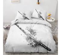 Housse de Couette Samouraï Japonais 220x240 avec 2 Taies d'oreiller 65x65 cm - Parure de Lit Fleur de Cerisier en Microfibre Douce - Linge de Lit 2 Personnes Adulte avec Fermeture éclair Q&143
