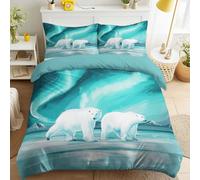 Housse de Couette Sarcelle - 200 x 200 cm - 2 Taies d'oreiller - Onirique Polaire Ours Polaire Aurore Boréale Romantique Cosy Réversible Parure de lit Facile d'entretien Lavable Literie