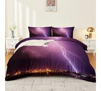 Housse de Couette Sci FI Cool, Parure De Lit Photographie Ciel Nuit Orage Éclairs, 200 x 200 cm Violet Microfibre, pour Enfant Adulte avec Fermeture Éclair et 2 Taies d'oreiller