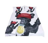 Housse de Couette Set 3D Mignon Chiot Chien Bulldog Housse de Couette Bébé Avec Fermeture à Glissière Cachée 100% polyester (Fond Noir, 220x240cm)