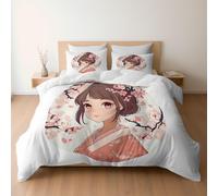 Housse de Couette Style Anime Japonais Fille Fleur de Cerisier 200 x 200 Blanc, Réversible Parure de Lit 2 Personnes en Microfibre Souple, Linge de Lit Fermeture éclair Taie d'oreiller 65x65 cm