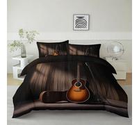 Housse De Couette Style Country Fond En Bois Guitare Microphone 220 x 240 cm Parure De Lit Personne, Brun Housse De Couette En Microfibre Et Taies D'Oreiller - Ensemble De Literie Pour Adulte Enfant