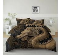 Housse De Couette Style Fantastique Dragon Doré 90 x 200 cm Parure De Lit Personne, Noir Housse De Couette en Microfibre Et Taies d'oreiller - Ensemble De Literie pour Adulte Enfant