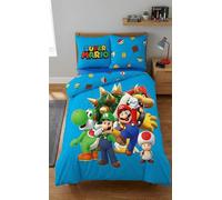 Housse de Couette Super Mario Garçon 135x200 + Taie 80x80 cm Bleu | Parure de lit 1 personne réversible | Oeko-Tex | Mario Luigi Toad Peach | Idée cadeau | Licence officielle