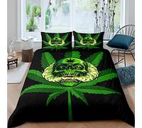 Housse de Couette Tête de Mort Feuille de Chanvre 220 x 240cm Enfant Adulte Gothique Parure de Lit Feuille de Cannabis Verte Ensemble de Literie 2 Personne avec 2 Taies D'Oreill 3 pièces