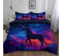 Housse De Couette Thème Fantastique Licorne NoireBleu Foncé Fille Garcon 3DParure de Lit 2 Personne Douce Microfibre Literie 3 pièces avec Fermeture 220 x 240 cm