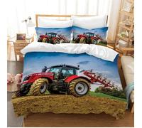 Housse de Couette Tracteur Parure de Lit 2 Personnes 3 Pièces Camions Pelleteuses Grues Housse de Couette avec Fermeture 140x200cm