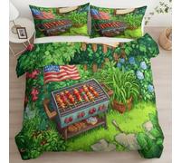 Housse de Couette Vert 90x190 Dessin Animé Jardin Barbecue Extérieur Parure de lit Réversible 1 Personnes avec Fermeture Éclair - Sets de Housse Couette en Microfibre avec 2 Taie d'oreiller 65 x 65