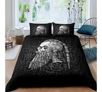 Housse de Couette Viking 140x200cm Enfant Parure de Lit 1 Personnes Rune Totem Crâne Viking Microfibre Set Housse de Couette avec Fermeture Éclai avec 2 Taies d'oreiller 50x75cm