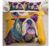 Housse de Couette Vintage Anime Animal Lunettes Soleil Bulldog 140x200cm + 2 Taie d'oreiller, Jaune Réversible Parure de lit 1 Personnes - enfants Sets de Housse Couette en respirante Microfibre