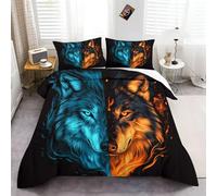 Housse De Couette Visages de Loup numériques avec Fermeture éClair Parure De Lit Microfibre,Impression NuméRique 3D Parure Noir Housse de Couette 220x240 cm Et 2 Taie d'oreiller 65x65cm