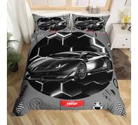 Housse de Couette Voiture de Course 220x240 Enfant Garçon, Parure de Lit Voiture de Sport en Nid D'Abeille Noir Blanc Gris, Sets de Housses de Couettes Géométrique, Couvre Lit Voiture de Sport