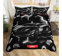 Housse de Couette Voiture de Sport 220x240 Noir Enfant Garçon, Parure de Lit Voiture de Course en Nid d'abeille Néon, Sets de Housses de Couettes Jeux de Course Extrêmes, Couvre Lit À Carreaux