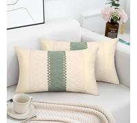 Housse de Coussin 30x50 Vert Sauge Decoration Maison Salon, Lot de 2 Housse Coussin en Coton Avec Dentelle en Lin au Crochet, Taie D'oreiller Rectangulaire Style Boho Decoratif pour Canapé Deco