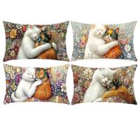 Housse de Coussin 30x60 Taie d'oreiller Décorative Modernes Couple de chats Coussins Carré en Exterieur Impermeable Lin Protecteurs de Coussin pour Patio Jardin Salon Chambre Décoration Lot de 4 q-658