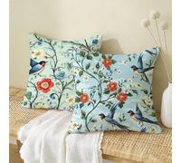 Housse de Coussin 35x35cm Lin, Lot de 2 Housse Coussin Bleu, Taie Oreiller Oiseau Impermeable, Respirant Confort Coussins Décoratifs Convient à toutes les saisons pour Décor Jardin Salon Canapé W-341