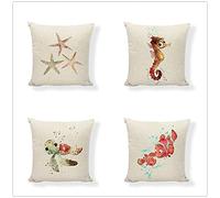 Housse de Coussin 35x35cm Lot de 4 Coton et Lin Hippocampe Étoile De Mer Tortue De Mer Motif Double Face Housse de Coussin Fermeture Éclair Cachée Carré Taie d'oreiller pour Canapé Chambre Décoratifs