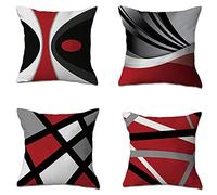 Housse de Coussin 35x35cm Lot de 4 Coton et Lin Rayures Rouges Noires Et Blanches Motif Double Face Housse de Coussin avec Fermeture Éclair Cachée Carré Taie d'oreiller pour Canapé Chambre Décoratifs